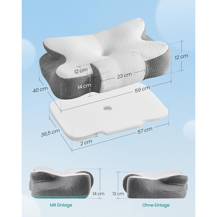 Ергономічна подушка SONGMICS з ефектом пам'яті (Memory Foam), регульована за висотою, для сну на боці, спині та животі, біло-сіра TBP051GZ02