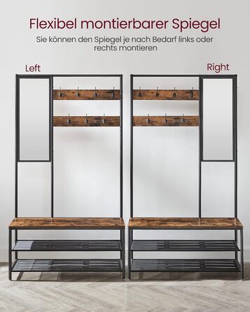 Дзеркало-вішалка VASAGLE HSR415B01 з банкеткою, полицею для взуття, гачками, 35 x 98 x 180 см, для прихожей, спальні, вітальні, індустріальний стиль, вінтажний коричневий + чорний