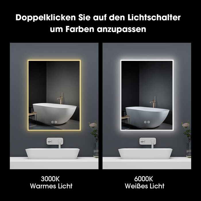 LED дзеркало для ванної кімнати Byecold з підсвічуванням, антизапітнінням, Wi-Fi годинником, датчиком та сенсорним вимикачем, 60x80 см