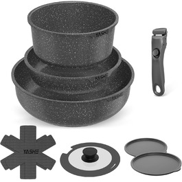 Набір каструль та сковорідок YASHE 9 шт. з антипригарним покриттям, білий (сірий), для всіх плит, знімний ручка, сумісний з духовкою, компактний, економія місця