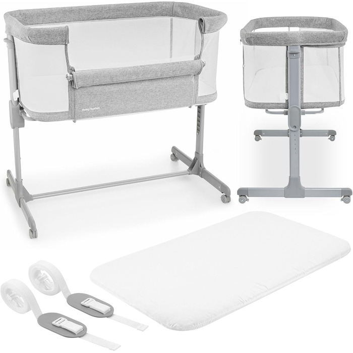 Дитяче ліжко Moby-System Luna 3 в 1: ліжко, манеж, подорожі з матрацом. Регулювання висоти, до 9 кг, знімні бортики, 4 колеса, сірий колір