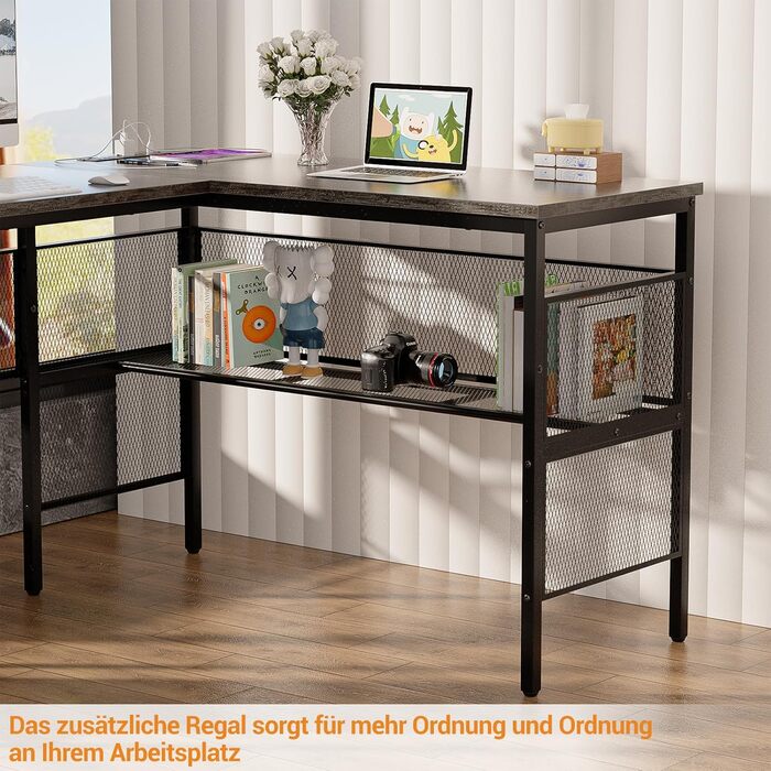 L-подібний ігровий стіл, 141x117x76 см, з полицею, для дому, офісу, навчання, ігор (гранатовий дуб)