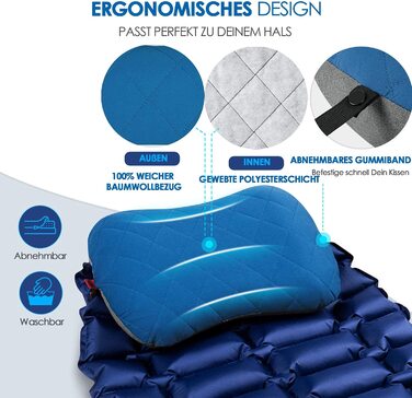 Надувна подушка HIKENTURE 44х31 см з наволочкою синьо-сіра