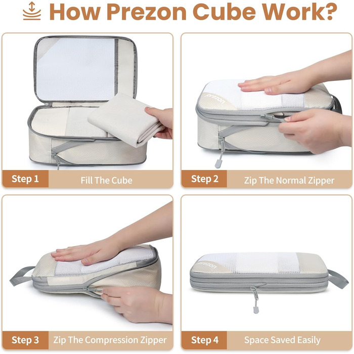 Набір компресійних органайзерів для одягу в подорожі, 6 шт, прозорі пакувальні куби для валізи, легкі та міцні, бежевий колір