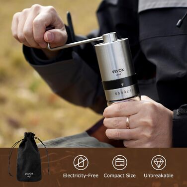 Ручна кавомолка VEVOK CHEF з нержавіючої сталі з керамічним жорном, регульована ступінь помолу, вінтажний дизайн, портативна, для дому та кемпінгу, срібна