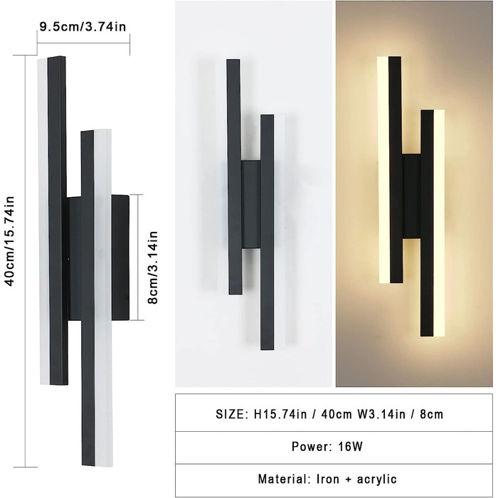 Сучасний Світлодіодний настінний світильник Riserva для дому, теплий білий настінний світильник потужністю 16 Вт, 1800 лм, креативний довгий паралельний настінний світильник для вітальні, коридору, сходів, теплий білий, 3000 до, Чорний, 40 см