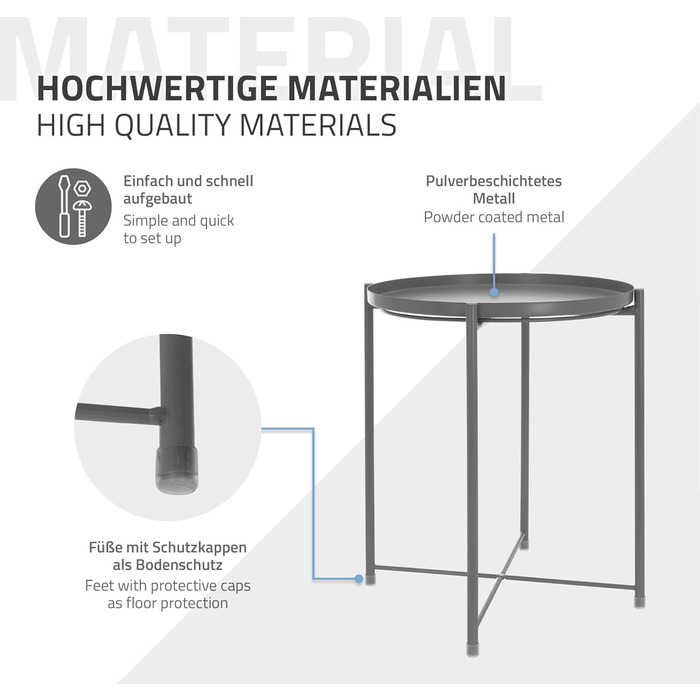 Журнальний столик ML-Design круглий Ø45хВ52 см з металу, журнальний столик зі знімним підносом, складний, стійкий, стійкий, стіл для вітальні, журнальний столик, тумбочка, для напоїв, закусок (сірий)