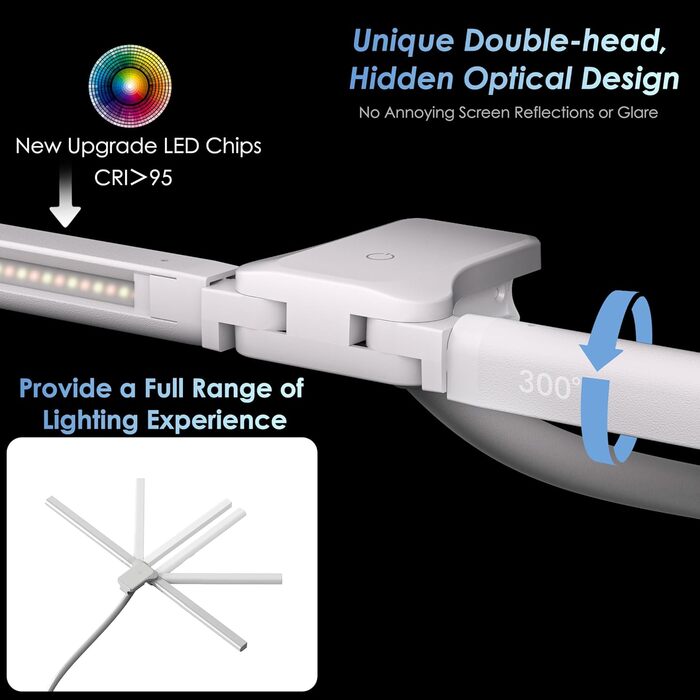 Світлодіодна лампа настільна для дітей з двома головками, захист очей, 16W, 72см, денне світло, з пультом, регулювання яскравості, гнушкий шийний механізм, матовий білий колір