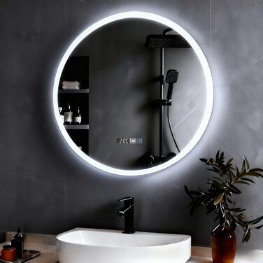 Дзеркало для ванної кімнати YOURLITE з підсвічуванням, діаметр 60 см, LED, 3 кольори, диммування, сенсорне управління, антизапар, пам'ять, IP44, білий