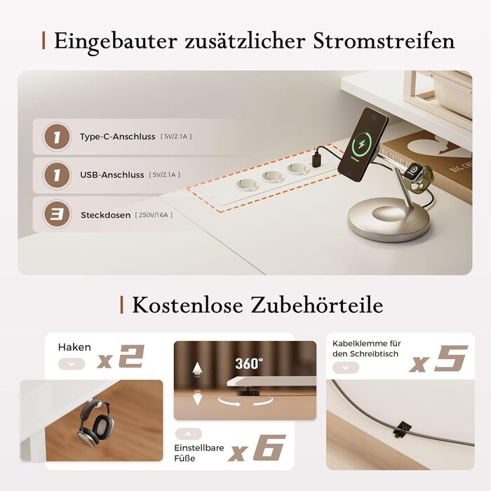 Електричний кутовий стіл Klicelor з регулюванням висоти, 160 x 140 см, білий, з LED та 3 функціями пам'яті