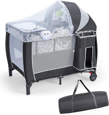 Детское путешествие 102x72 см: складная кроватка-манеж для новорожденных и детей 0-36 месяцев с матрасом, колесиками, москитной сеткой и пеленальным столиком, 3 в 1 (Model 2-gray)