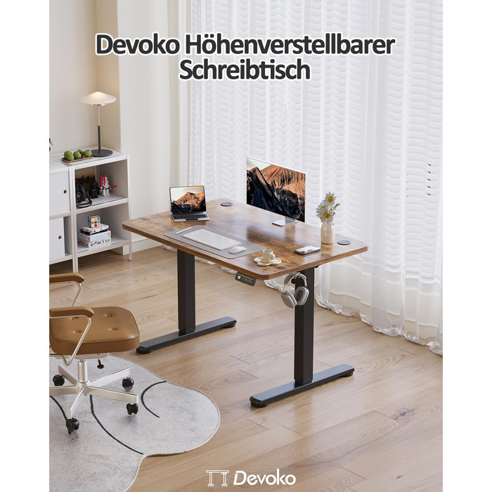 Електричний регульований стіл Devoko 120x60 см, стабільний офісний стіл, стіл для стоячи/сидячи, комп'ютерний стіл з функцією пам'яті, (Коричневий)