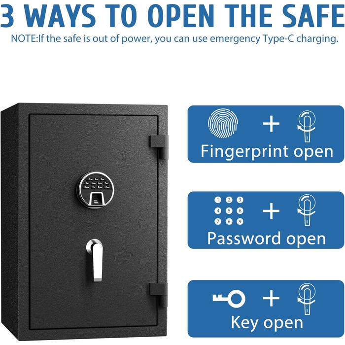 Біометричний вогнестійкий сейф WASJOYE з відбитком пальця, цифровою клавіатурою та зарядкою Type-C, 66L, для дому, офісу, готелю, водонепроникний, для документів та готівки