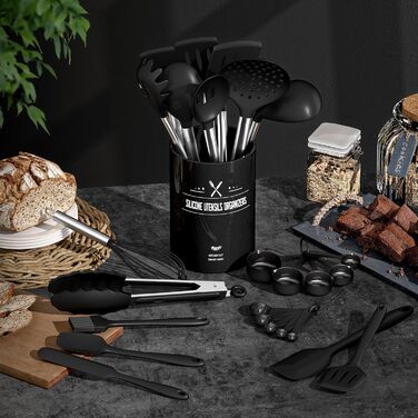 Набір кухонних помічників, 26 предметів: силіконове кухонне приладдя, посуд, стійкий до нагрівання, з тримачем, антипригарний, з нержавіючою ручкою, придатний для миття в посудомийній машині (чорний)