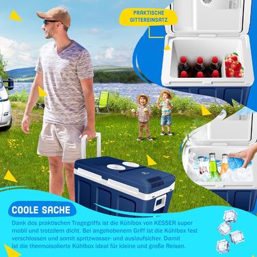 Термохолодильник KESSER® 40L на колесах | Холодильник-термос 12/230V | Охолоджує та нагріває | Для авто, човна та кемпінгу | З акумуляторами холоду та тримачами для напоїв (Темно-синій)