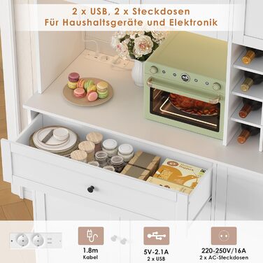 Кухонна шафа FirFurd 180 см з LED-підсвічуванням, буфет, sideboard з розеткою, стільниця, вітрина для 12 пляшок вина, білий колір, 180x100x39 см