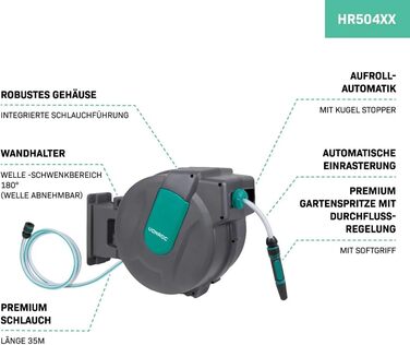 Шланг садовий VONROC 35 метрів з автоматичним згортанням та тримачем для стіни - Шланг на котушці, 180° поворот, зелений