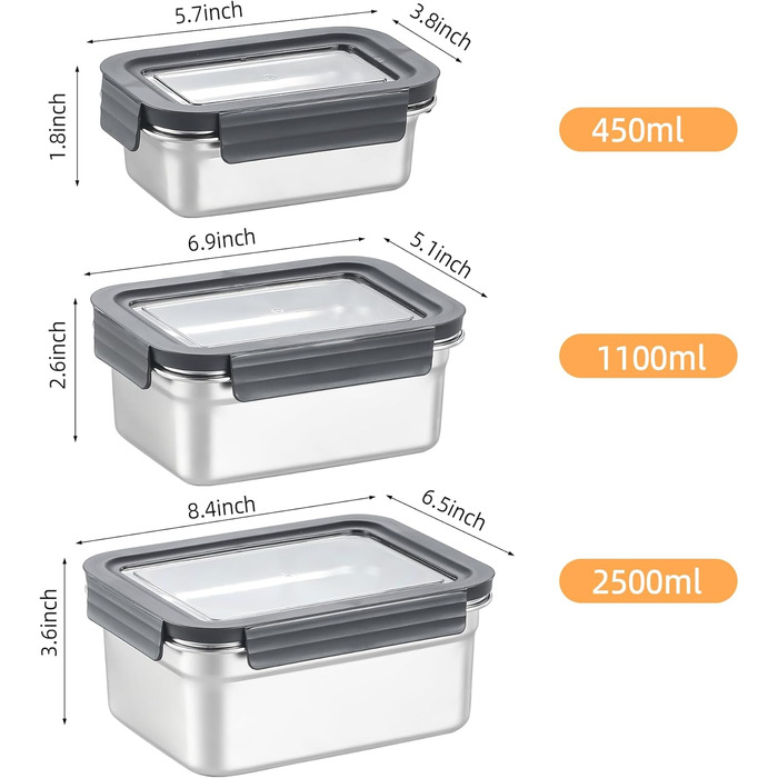 Набори контейнерів для їжі Misichao з нержавіючої сталі, герметичні, для кухні та комори, з можливістю штабелювання, багаторазові, об'єм 450 мл + 1100 мл + 2500 мл