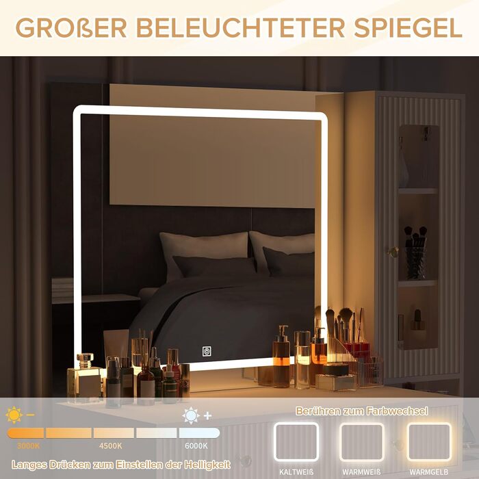 Дзеркальний туалетний столик Belife з підсвічуванням та 7 шухлядами, з розеткою та 3 кольорами світла для спальні (V3)