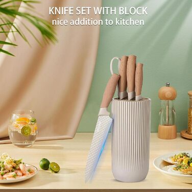 Набір кухонних ножів, 6 предметів, чорний, гострий, з антипригарним покриттям, нержавіюча сталь, з підставкою (Khaki)