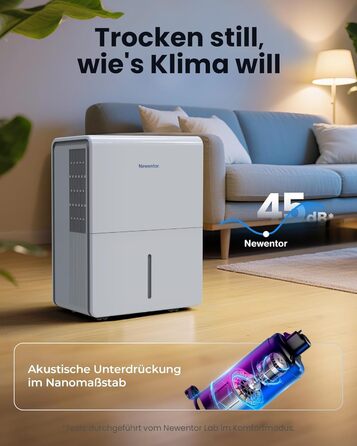 Електричний осушувач повітря Newentor 12L для підвалу, 35dB, з гофрованим шлангом 1м, для приміщень до 25м²/122м³, 10 років гарантії, фільтр, таймер, продуктивність 25л/день