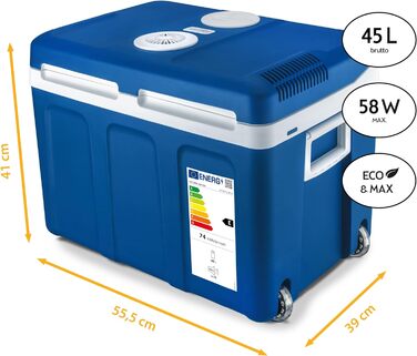 Електричний охолоджувач TZS First Austria 45 літрів Підключення 12 вольт і 230 вольт Мобільний міні-холодильник на колесах для кемпінгу, фестивалів, подорожей з функцією збереження тепла сірий (45 л Синій)