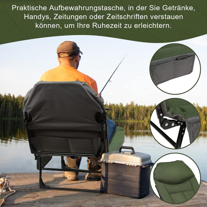 Лежак Gimisgu Carp 200 x 64 x 32 см, Крісло-ліжко для риболовлі з сумкою для зберігання, складне, максимальне навантаження 150 кг, м'яке кемпінгове ліжко