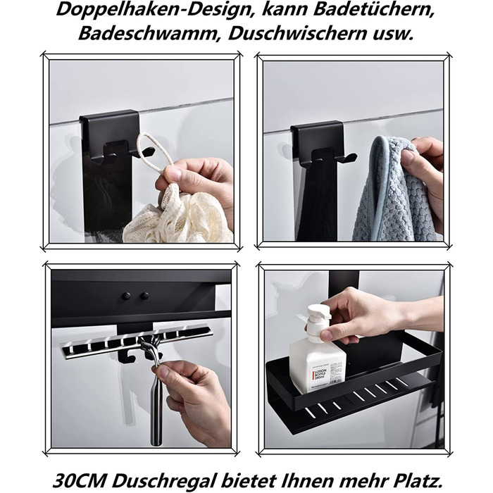 Настінна полиця для душу з 2 ящиками, SUS304 нержавіюча сталь, матовий чорний, з гачками, для скляних душових кабін