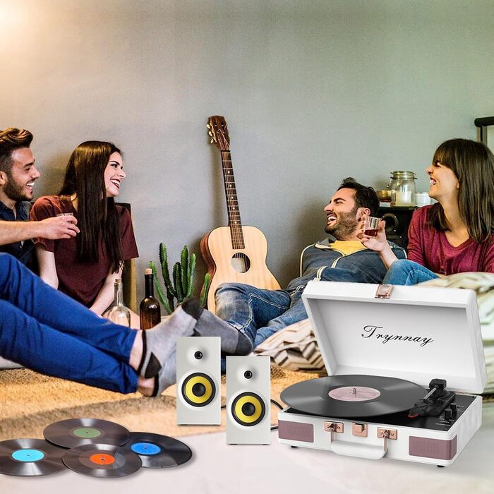 Вініловий програвач Trynnay 3-швидкісний з Bluetooth, портативний програвач у валізі з вбудованими динаміками, покращене аудіо, білий PU-шкіра