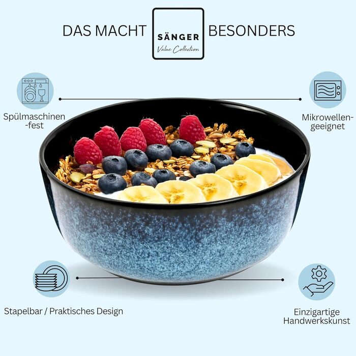 Набір посуду SÄNGER Steingut 18 предметів: 6 тарілок для їжі, 6 кашових тарілок, 6 десертних тарілок, блакитний колір з чорним бордюром, стійкий до подряпин. VALUE COLLECTION (Osaka, каші 6 шт.)