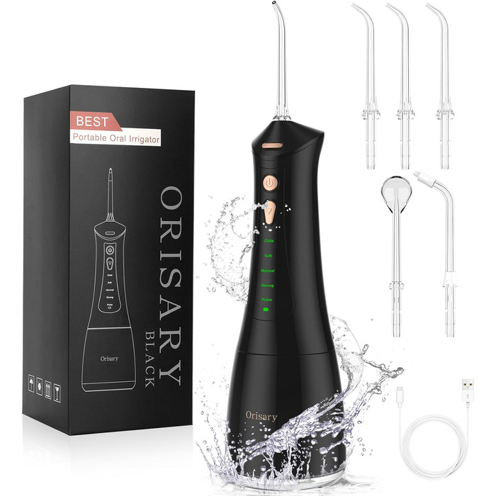 Електричний ірigator для порожнини рота Munddusche, 5 режимів, 5 насадок, 300 мл резервуар, перезаряджається, для чищення зубів та ясен, водонепроникний IPX7, чорний
