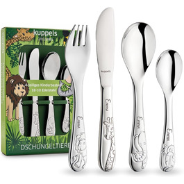Дитячий набір столових приборів Kuppels з гравіюванням імені – набір столових приборів для дітей від 3 років, 4 шт., нержавіюча сталь, придатний для миття в посудомийній машині – персоналізований хрестильний подарунок для дівчаток та хлопчиків (з зображенням джунглів)