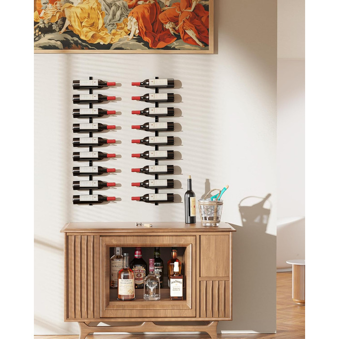 Настінна полиця для вина TJ.MOREE на 12 пляшок, дерев'яний винотримач для кухні, бару та їдальні, чорний комплект 8 шт.