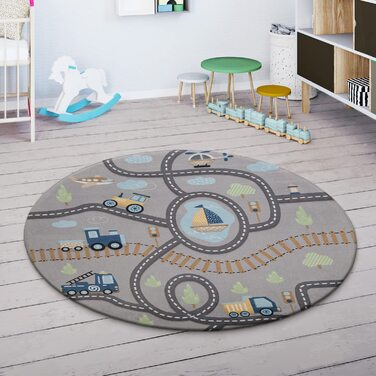 Домашній ігровий килимок Paco, килимок для дитячої кімнати, вуличний килимок для хлопчиків і дівчаток, нековзний автомобільний килимок, сірий, зелений, синій, Розмір (150 см круглий)