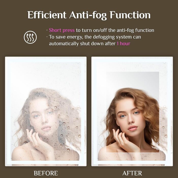 Дзеркало для ванної кімнати з підсвіткою 80x60 см, LED дзеркало з 3 кольорами світла, регульована яскравість, захисне скло, сенсорне управління, функція пам'яті, запобігання запотіванню, 60L x 80B cm