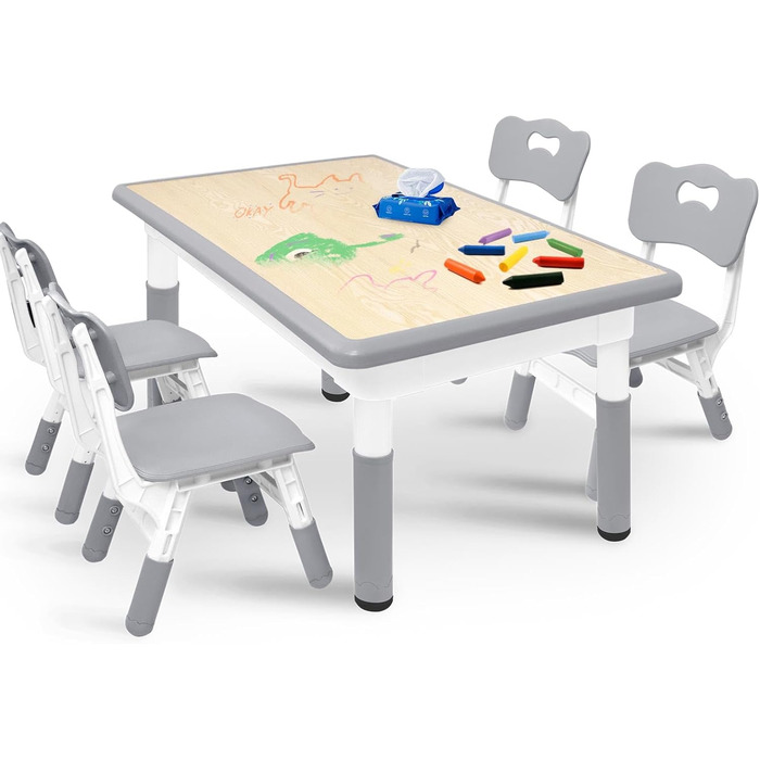 Дитячий стіл зі стільцями (2 шт) 80x60 см, регульована висота, сірий. Ідеально для дитячого садка, ігор, малювання та навчання. Легко миється. Підходить для дітей від 2 років.