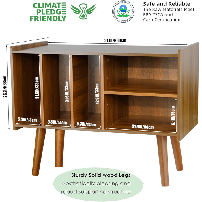 Підставка для програвача з місцем для зберігання вінілових платівок, до 136 кг, велика тумба з полицями для альбомів, дерев'яна підставка для програвача (колір горіх)