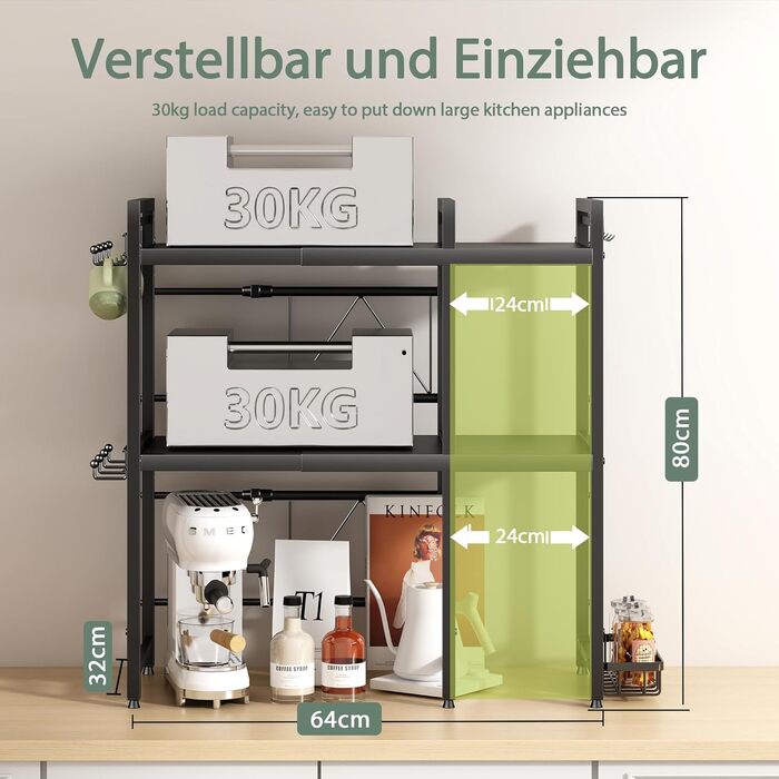 Регульована полиця для мікрохвильової печі NETEL 3-ярусна, чорна, висувна 40-60 см, з кошиками