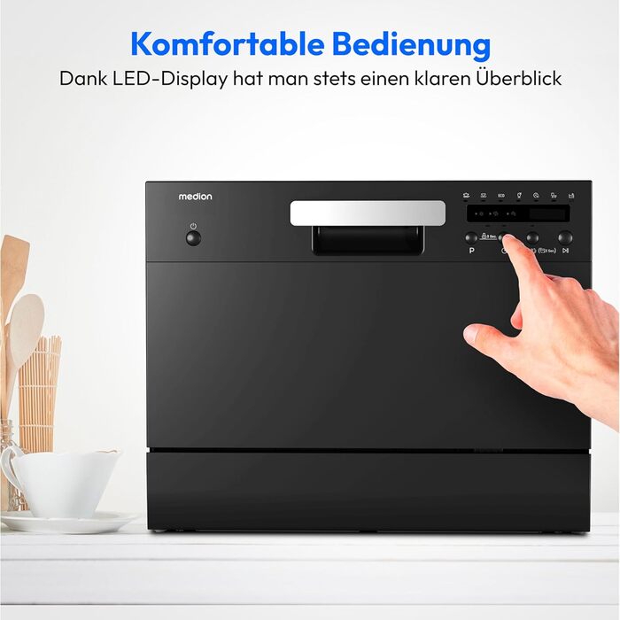 MEDION Посудомийна машина DWT60 (6 комплектів, 7 програм, ECO, AquaStop, LED дисплей, захист від дітей), чорна