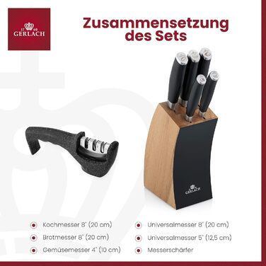 Набір кухонних ножів Gerlach Deco Black з точильним каменем: 5 ножів у блоці з нержавію та бука