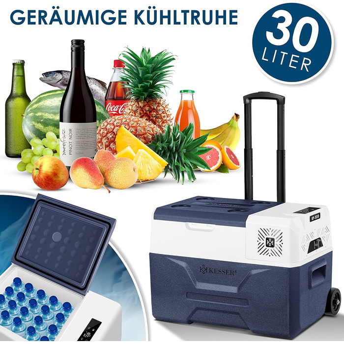 Електрична термохолодильник KESSER® Kompressor на 30 літрів, Navyblau з APP-керуванням, USB, 12/24V/230V, -20°C для авто, вантажівки, човна