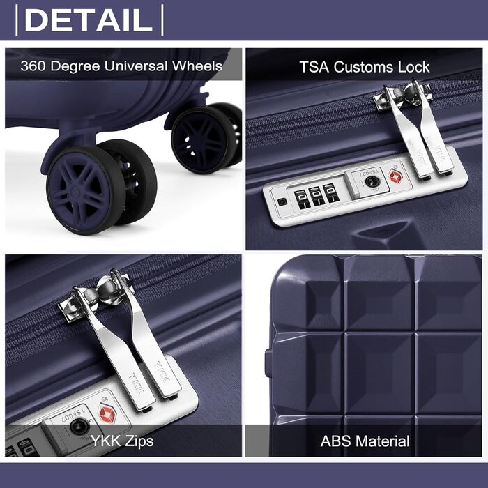 KONO Набір валіз 4 в 1: велика, середня, маленька та beauty case. Сучасний дизайн, ABS пластик, TSA замок, 4 колеса, темно-синій колір.
