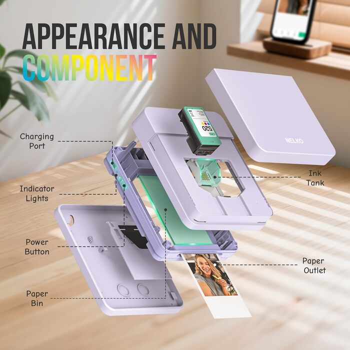 Портативний міні-фотопринтер Nelko PP01: кольоровий, для смартфонів iOS & Android, з 20 паперами, наклейки, AI APP, фіолетовий