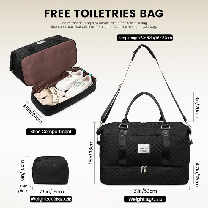 Спортивна сумка LOVEVOOK для жінок: велика дорожня сумка-мішок, weekender, з косметичкою, відділенням для взуття, водонепроникна, для подорожей, спортзалу, кемпінгу (L-2шт), чорна
