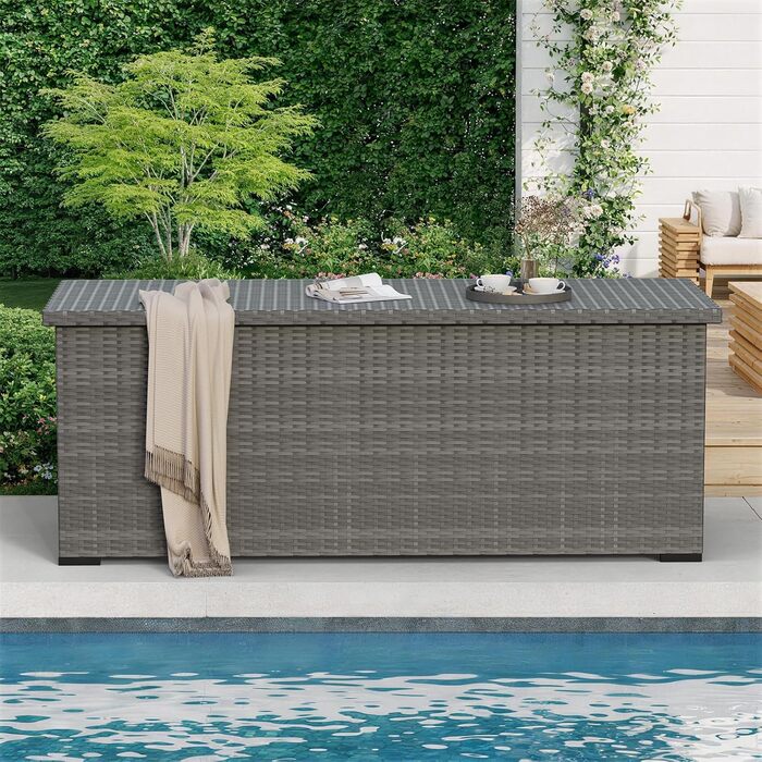 Водонепроникний садовий ящик Amopatio Gartenbox 650л з поліротангу для подушок, металевий ящик для зберігання з газліфтами для саду та балкону, сірий