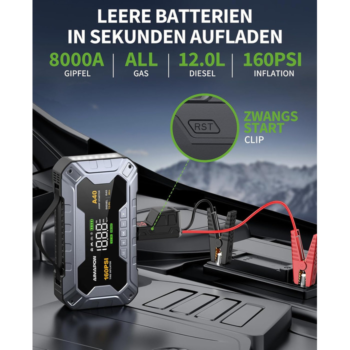 Powerbank для автомобіля AIMAPOW Starthilfe 8000A з компресором та LED-ліхтарем, 27000mAh, 160PSI, для бензинових та дизельних двигунів (до 12.0L)