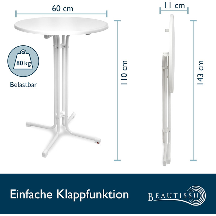 Стіл Beautissu розкладний, діаметр 70 см, білий Bellini – стійкий, вологостійкий, з антиковзким покриттям. Підходить для вулиці, кафе, барів, вечірок. Легка збірка, міцна конструкція, Ø 70 см.