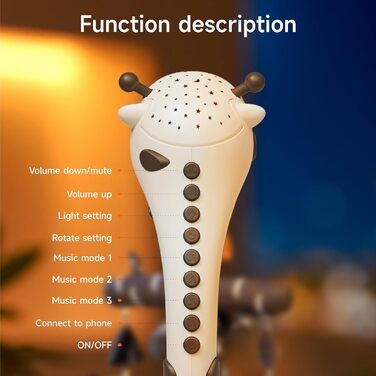 Мобіль для дитячого ліжечка TUMAMA для малюків 0-6 місяців з нічником, проєктором, музикою та білим шумом, чорно-біле іграшкове звірятко для підвішування