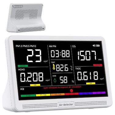 Вимірювач якості повітря Bonoch 16 в 1: Моніторинг CO2, TVOC, PM2.5, PM1.0, PM10, HCHO, Температура, Вологість, AQI, Час, Білий