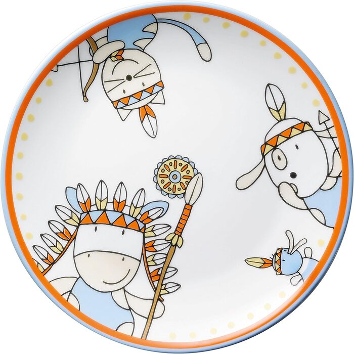 Дитячий посудовий набір Puresigns MOEMA 7-piece – Яскравий дизайн у стилі Дикого Заходу з вождем 'Мирна Корова' – Якісний нержавіючий сталь та порцеляна – Ідеально для днів народжень та особливих подій